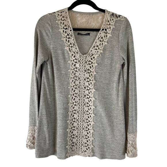 Voice Of California Crochet Lace Top Womens Small Gray Long Sleeve V Neck Boho - Picture 1 of 13